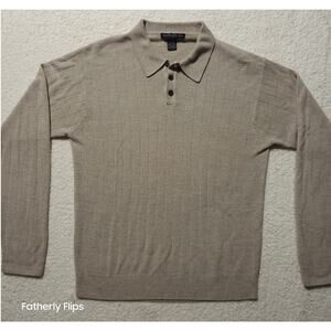 Geoffrey Beene Mens L Tan Ribbed Knit Polo Sweater Long Sleeve Button Collar